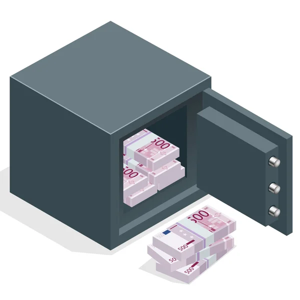 Caja fuerte del banco con dinero pilas de euros. Caja fuerte abierta con dinero. Ilustración isométrica vectorial 3d — Archivo Imágenes Vectoriales