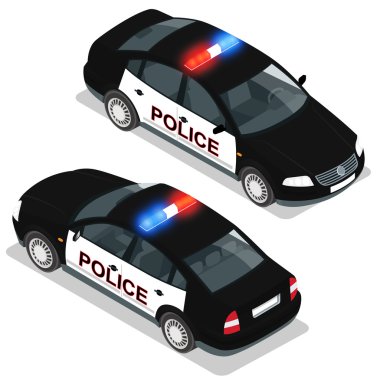 Düz 3d isometrik yüksek kaliteli şehir hizmeti taşıma simgesi ayarlayın. Polis arabası. Kendi dünya web bilgi grafiği koleksiyonu oluşturun. Ön ve arka manzaralı düz izometrik polis aracı seti