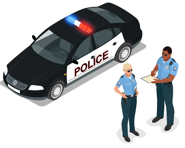 Flat 3d isometric illustration police car and policeman. Isolated isometric police car and policeman. 3D isometric police car and police officer. Isometric 3d vector policeman, police officer — Stock Vector