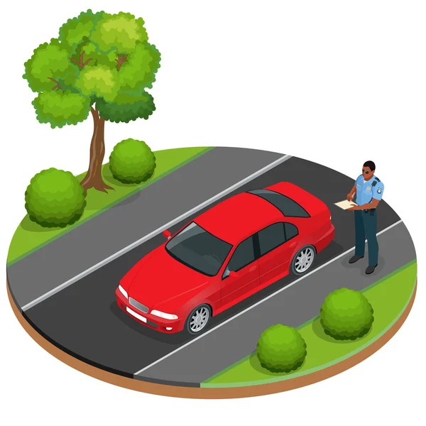 Policía escribiendo multa por exceso de velocidad para un conductor. Normas de seguridad vial. Oficial de policía dando una multa por mal estacionamiento, no pagar impuestos. Tráfico de policías. Ilustración isométrica plana 3d — Vector de stock