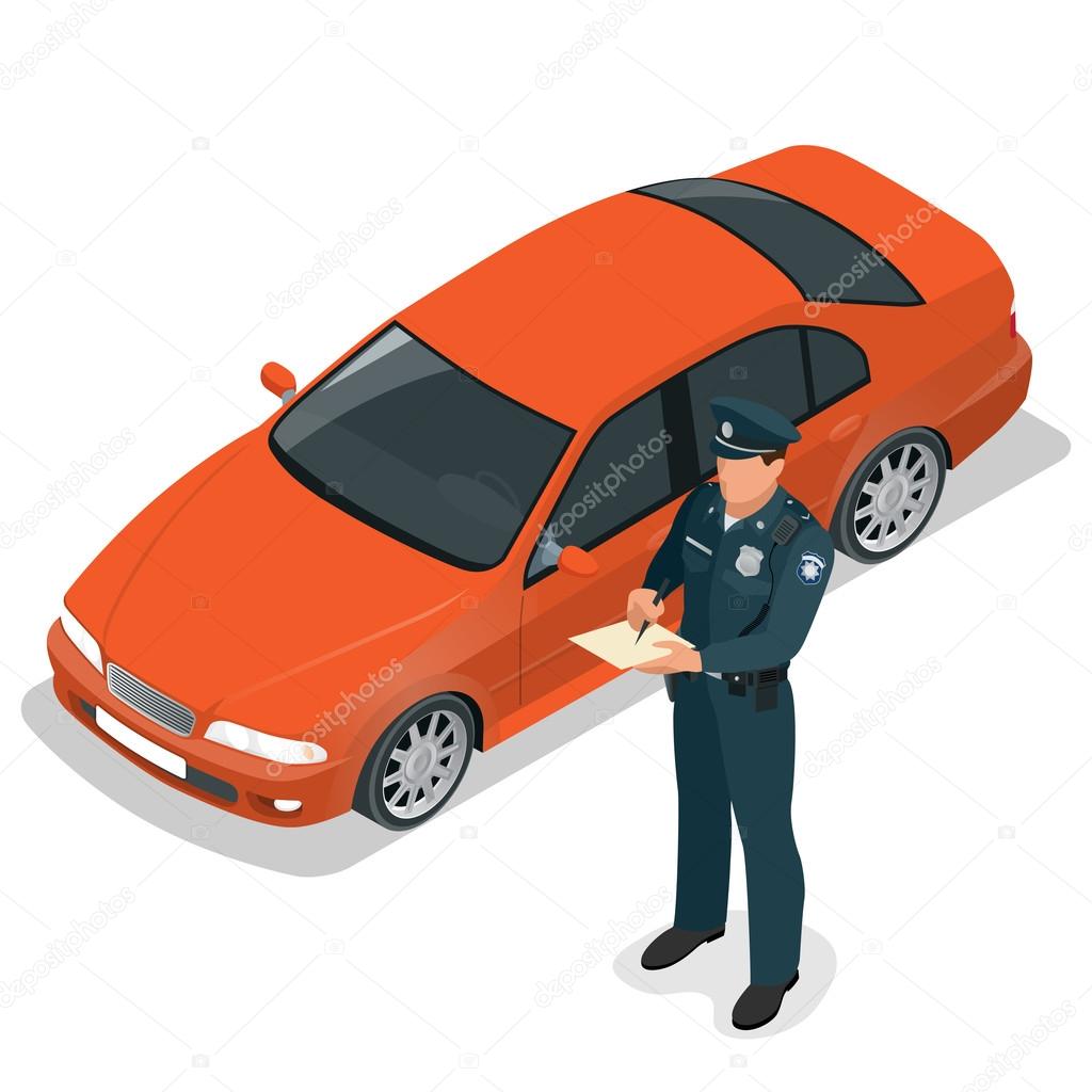 Policeman writing speeding ticket for a driver. Road traffic safety regulations. Police officer giving a ticket for bad parking, not paying tax. Police officer traffic. Isometric flat 3d illustration