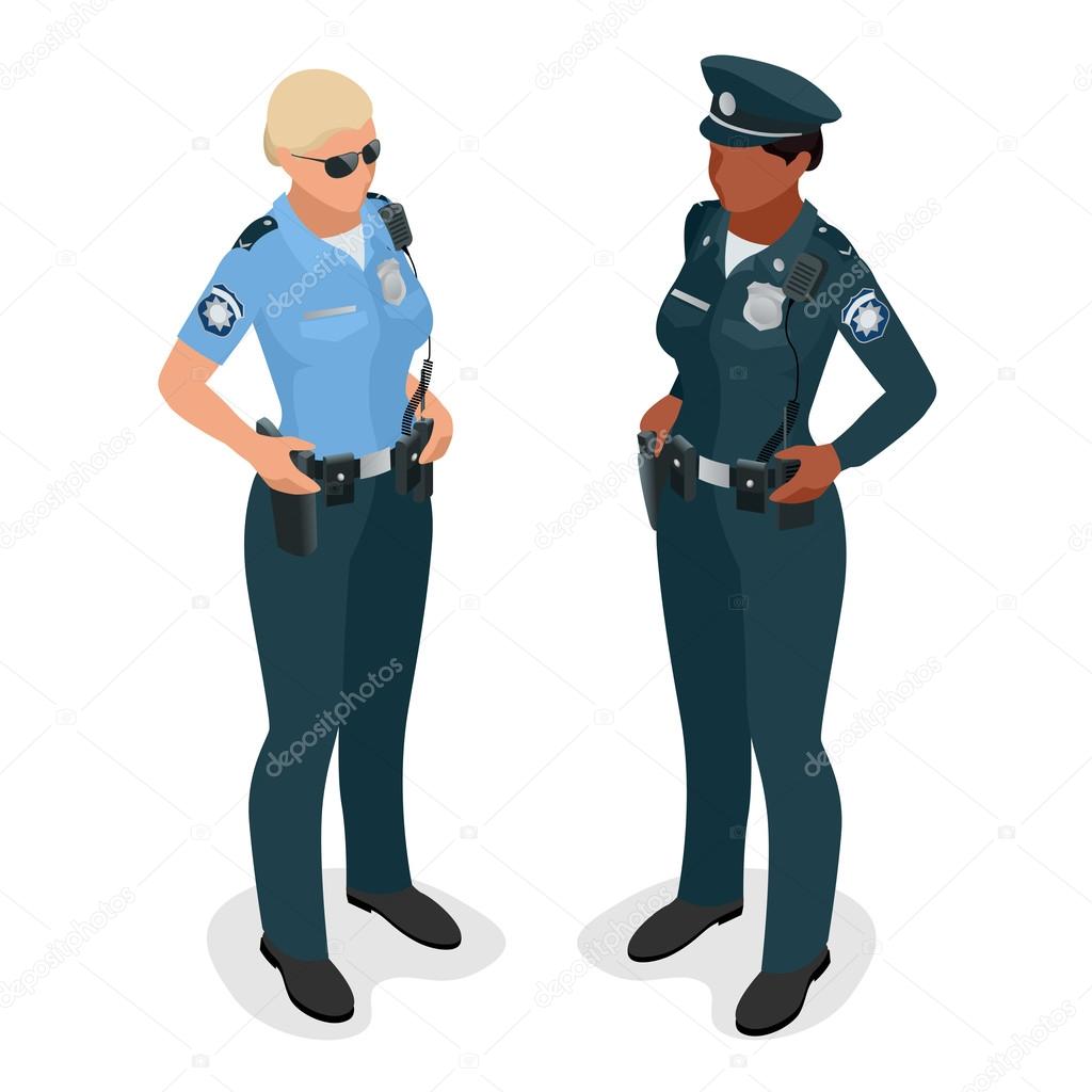 Policewoman in uniform. Realistick flat 3d isometriv vector illustration. Officer woman isolated on white.