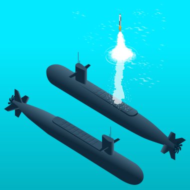 Nuclear submarine traveling underwater.Nuclear-powered submarines. Flat 3d isometric vector illustration for infographic. clipart