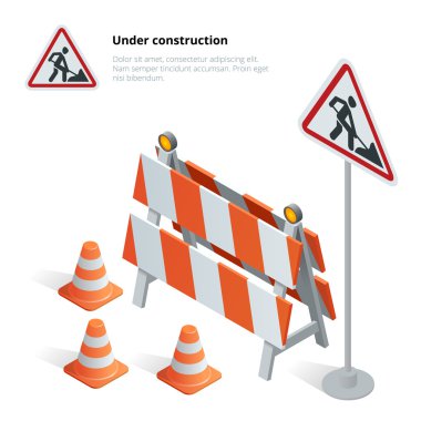 İnşaat yol işaret altında yol tamir, onarım, bakım ve kaldırım inşaatı, yol işareti ile karşı turuncu ışıklar kapalı. Düz 3d izometrik çizim vektör.