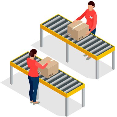 Fabrikadaki paketleme hattında kutularla birlikte işçi malları paketleme. Depoda çalışanlar malları sevkiyata hazırlıyorlar. Düz 3d izometrik vektör çizimi