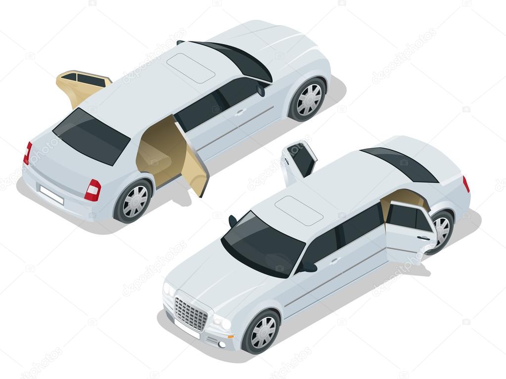 White limousine with open doors. VIP car. Vector isometric illustration. Limousine icon, sign. Modern simple design, flat style.