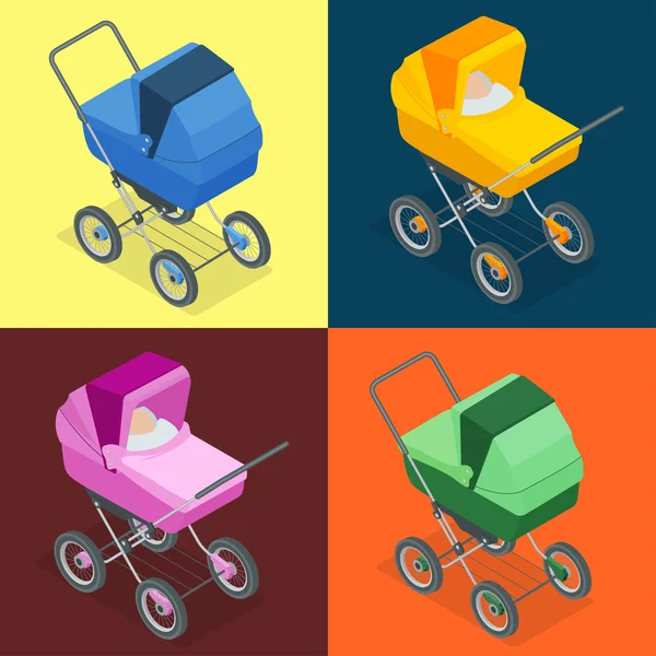 Mélykocsi, babakocsi, babakocsi, perambulator Baby. 3D-s izometrikus sík illusztráció vektor. — Stock Vector