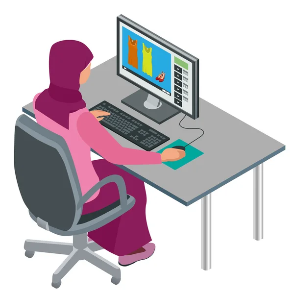 Арабка, мусульманка, азиатка, работающая в офисе с компьютером. Привлекательная арабская рабочая. Векторная плоская изометрическая иллюстрация — стоковый вектор