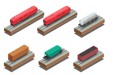 Vektör izometrik çizim Dizel lokomotif, demiryolu kapalı vagon, açık demiryolu aracı toplu yüklerin taşınması için. Vektör çizim.