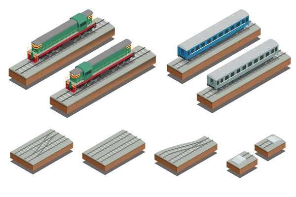 Snelle trein coach en diesel elektrische locomotief. Isometrische vectorillustratie van een trein snel. Voertuigen bestemd voor het vervoer van grote aantallen passagiers. Vlakke stijl. — Stockvector