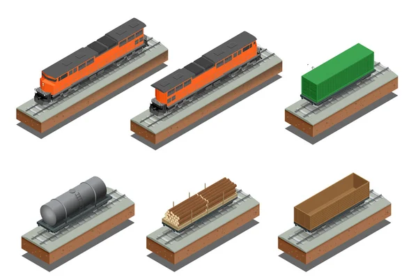 Locomotiva diesel, vagone ferroviario coperto, vagone ferroviario aperto per il trasporto di merci alla rinfusa. Illustrazione isometrica 3d piatta vettoriale . — Vettoriale Stock