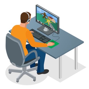 Oyun pc oyun. Konsantre genç oyun kulaklıklar ve gözlük bilgisayarla oynamak için oyun. Dizüstü bilgisayar ekranına bakarak adam. 3D izometrik vektör çizim düz