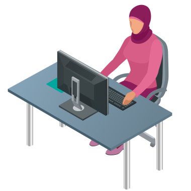 Arap kadın, Müslüman kadın, Asyalı kadın içinde yazıhane bilgisayar ile çalışma. Çekici kadın Arapça şirket işçisi. Vektör düz 3d izometrik çizimde