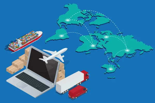 Rete logistica globale Concetto di trasporto aereo di merci su rotaia trasporto marittimo sdoganamento. Supporto documentario, consulenza commerciale internazionale per clienti illustrazione isometrica — Vettoriale Stock