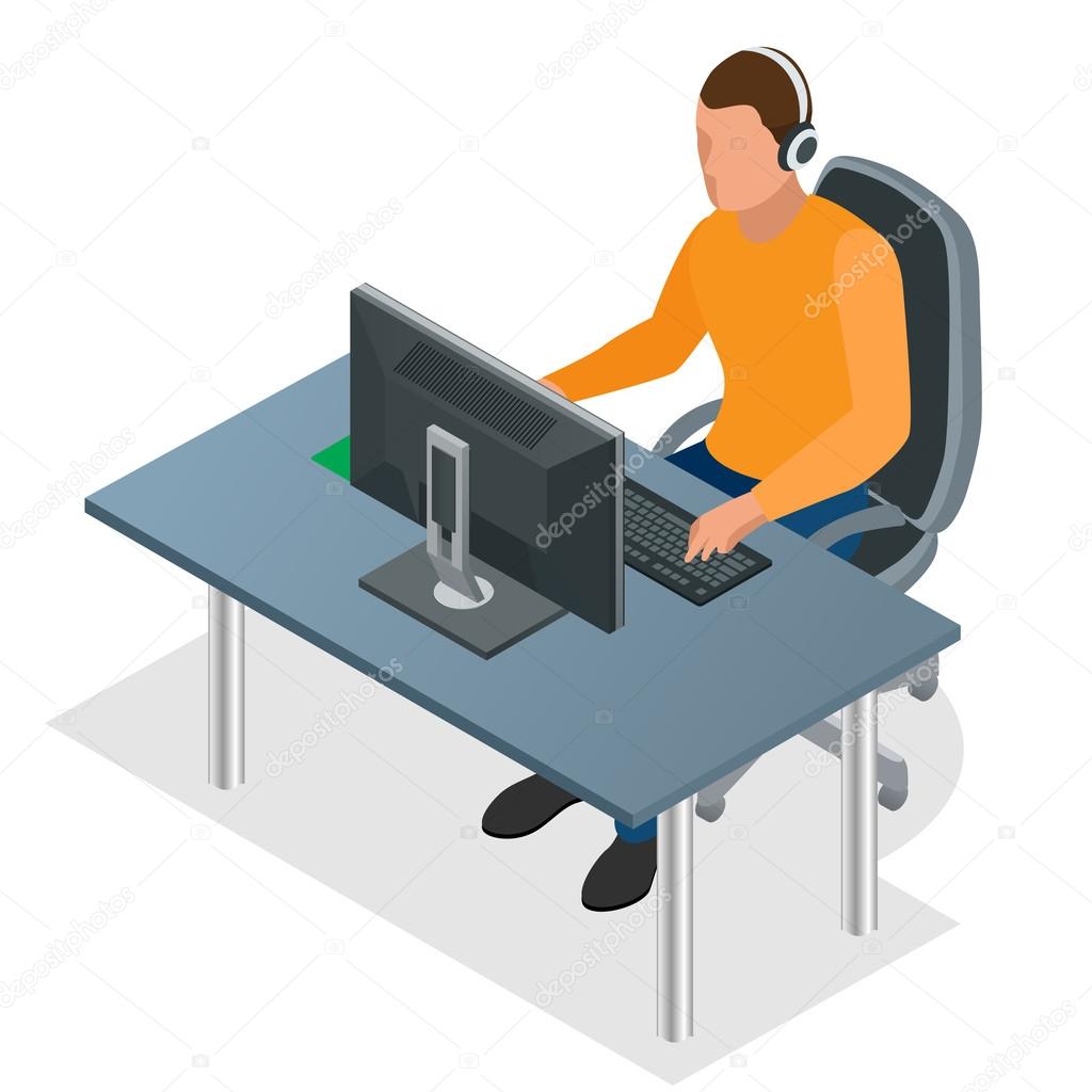 Gamer playing on pc. Concentrated young gamer in headphones and glasses using computer for playing game. Man looking at the laptop screen. Flat 3d isometric vector illustration