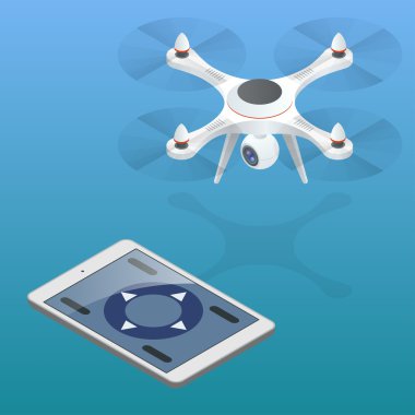 Tam Denetim dronun. Bir kentsel alanda uçakla dron. Uçağı hava fotoğrafçılığı kavramı. İzometrik robot. Drone Eps. Drone quadrocopter 3d izometrik çizimde. Eylem kamera simgesi ile robot.