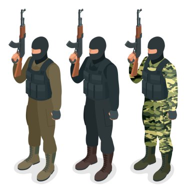 Spec ops polis memurları siyah üniformalı asker, memur, keskin nişancı, özel operasyon birimi, Swat Swat düz 3d izometrik çizimde kullanıcı pic asker izometrik 3d çizim. Asker vektör Jpg