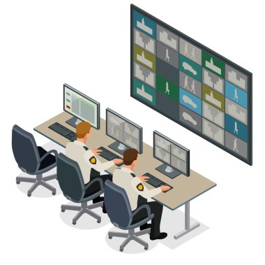 Security guard watching video monitoring surveillance security system. Mans In Control Room Monitoring Multiple Cctv Footage. Video surveillance concept. Flat 3d isometric vector illustration clipart