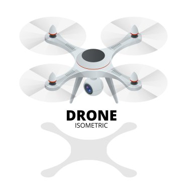 İzometrik robot. Drone Eps. Drone quadrocopter 3d izometrik çizimde. Eylem kamera simgesi ile robot. Drone logosu.
