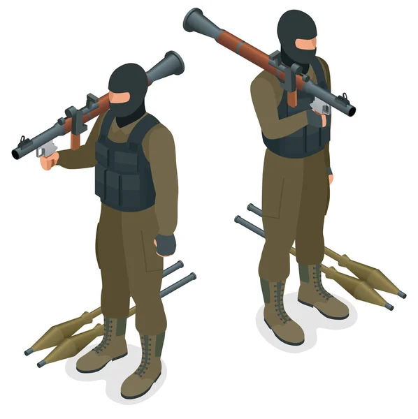 Spec ops poliser Swat i svart uniform. Soldat, officer, sniper, speciell operation enhet, Swat platt 3d isometrisk illustration. Soldat med på raketgevär. Användaren pic soldat — Stock vektor