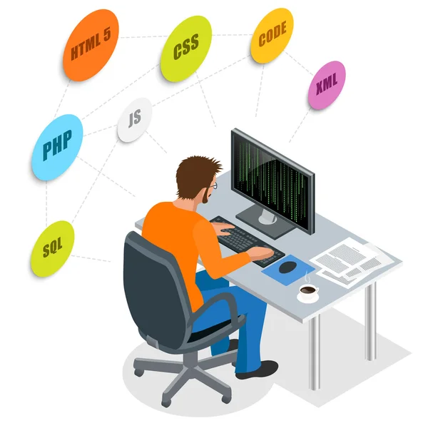 Entwickler mit Laptop-Computer. Webentwicklungskonzept. Web-Programmierkonzept. Programmierung, Codierung, Test, Debugging, Analyst, Codeentwickler flache 3D isometrische Vektorillustration — Stockvektor