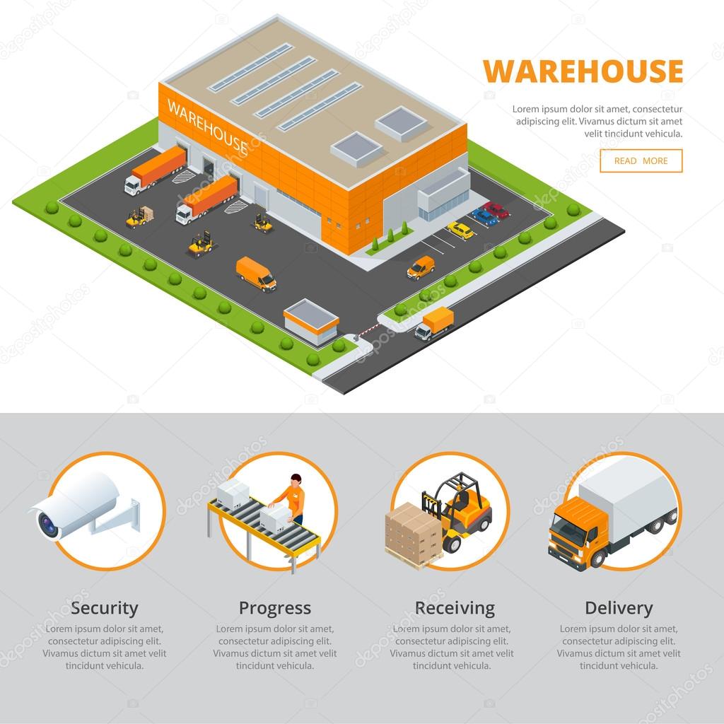 Page web design template Set of flat vector web banners on the theme of Logistics, Warehouse, Freight, Cargo Transportation. Storage of goods. Vector 3d isometric illustration