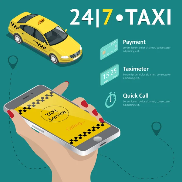 Taxi službu. Taxi mobilní aplikace šablony sady. Smartphone a dotykový displej, mapa a ukazatel, gps navigace. Vektorové ilustrace. — Stockový vektor