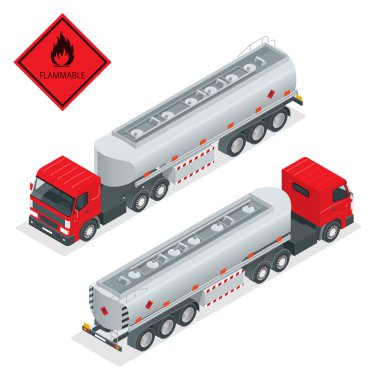 Yakıt gazı tankeri kamyon isometrik illüstrasyon. Yakıt 3d vektörile kamyon. Otomotiv yakıt tankeri nakliye yakıt. Petrol Kamyonu isometrik vektör. Akaryakıt tankeri kamyonu