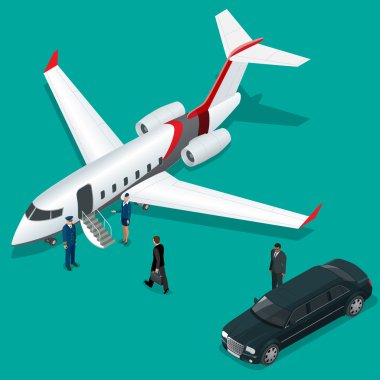 Terminalde özel jete doğru yürüyen bagajı olan işadamı. Bussines konsept hostes, pilot, limuzin, kurumsal jet. Vektör 3d düz biyometrik illüstrasyon. İş havayolu.