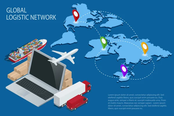 Logística global. Rede logística global. Conceito isométrico logístico. Seguro logístico. Conceito de carga do navio. Comércio internacional logístico. Desalfandegamento. Apoio documental ao comércio internacional — Vetor de Stock