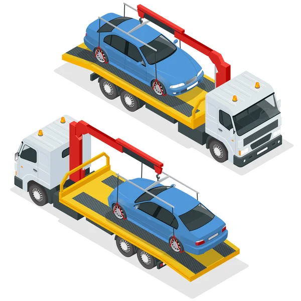 Wektor izometryczny Tow Truck. Samochód holowania ciężarówki 3D płaskiej ilustracji. Ciężarówka holownicza do transportu usterek i pojazdów awaryjnych ilustracji izometrycznych na białym tle. Transport miejski — Wektor stockowy