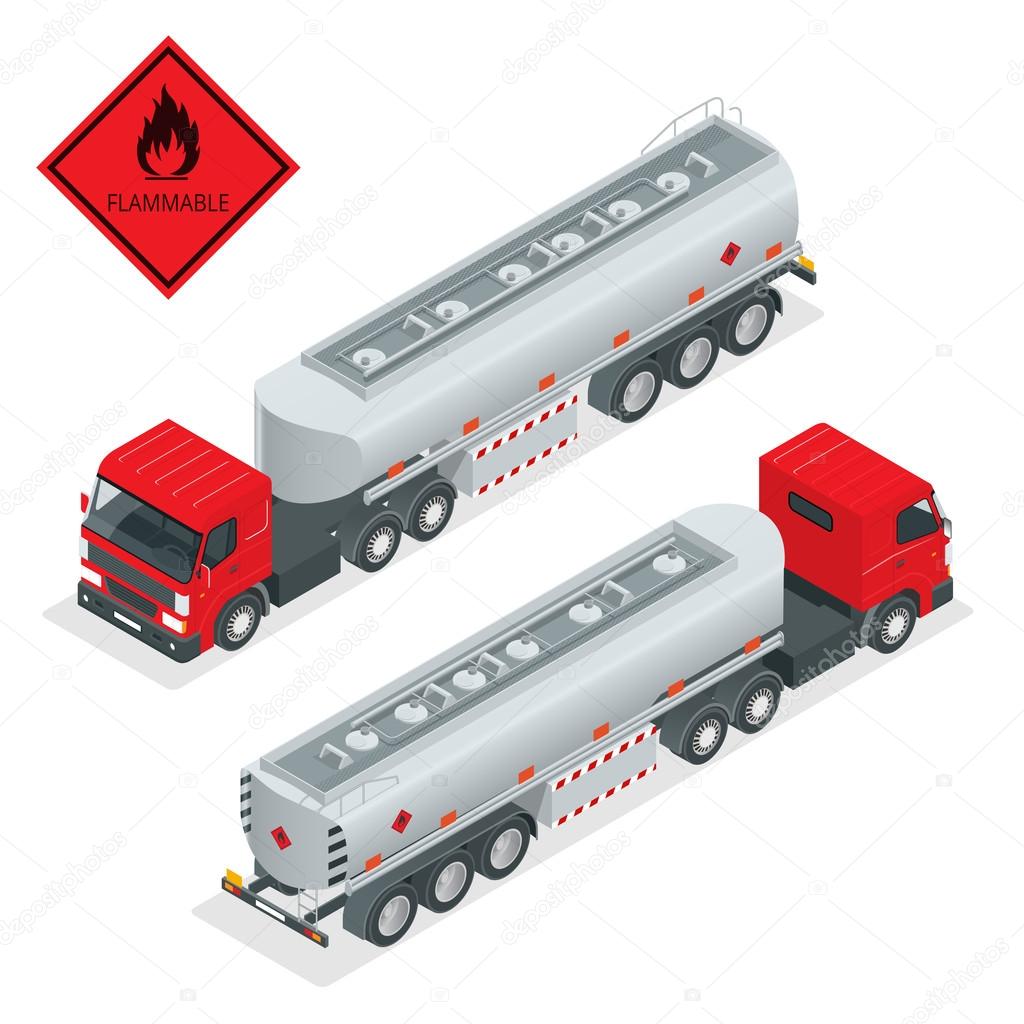 Fuel gas tanker truck isometric illustration. Truck with fuel 3d vector. Automotive fuel tanker shipping fuel. Oil Truck isometric vector. Fuel tanker truck