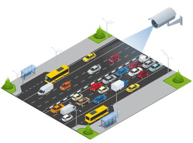 Güvenlik kamerası trafiğin hareketini algılar. Yoğun saat ile trafik sıkışıklığı izometrik illüstrasyon cctv güvenlik kamerası. Trafik 3d isometrik vektör illüstrasyon. Trafik izleme Cctv