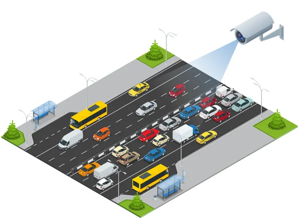 La telecamera di sicurezza rileva il movimento del traffico. Videocamere di sicurezza a circuito chiuso su illustrazione isometrica di ingorghi stradali con ora di punta. Illustrazione vettoriale isometrica del traffico 3d. Monitoraggio del traffico CCTV — Vettoriale Stock