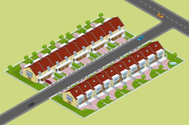 Modern konağın düz 3d biyometrik vektör illüstrasyon. Bir dizi yeni kasaba. Dış konağı. Bahçeli villa manzarası. Townhouse illüstrasyon. Townhouse Jpg. Townhouse simgesi. Villa simgesi