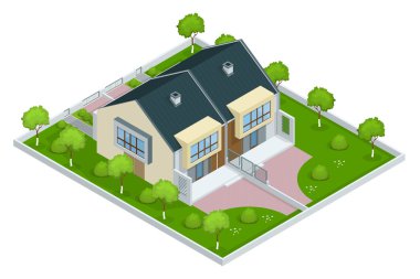 Modern konağın düz 3d biyometrik vektör illüstrasyon. Bir dizi yeni kasaba. Dış konağı. Bahçeli villa manzarası. Townhouse illüstrasyon. Townhouse Jpg. Townhouse simgesi. Villa simgesi
