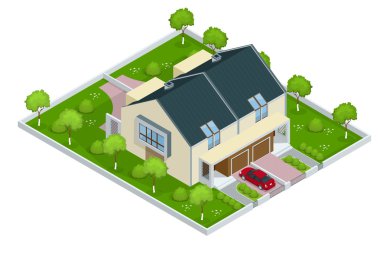 Modern konağın düz 3d biyometrik vektör illüstrasyon. Bir dizi yeni kasaba. Dış konağı. Bahçeli villa manzarası. Townhouse illüstrasyon. Townhouse Jpg. Townhouse simgesi. Villa simgesi