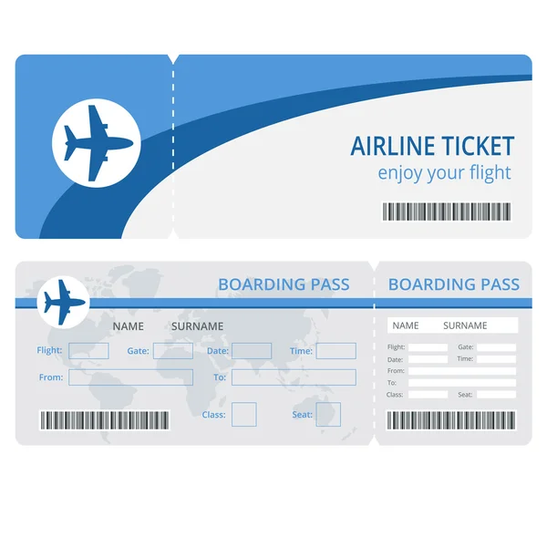 飛行機のチケットのデザイン。飛行機チケットベクトル。空白の飛行機のチケットが隔離されました。空白の飛行機のチケット Eps.平面チケットベクトルイラスト。飛行機で旅行する航空会社の搭乗券 — ストックベクタ