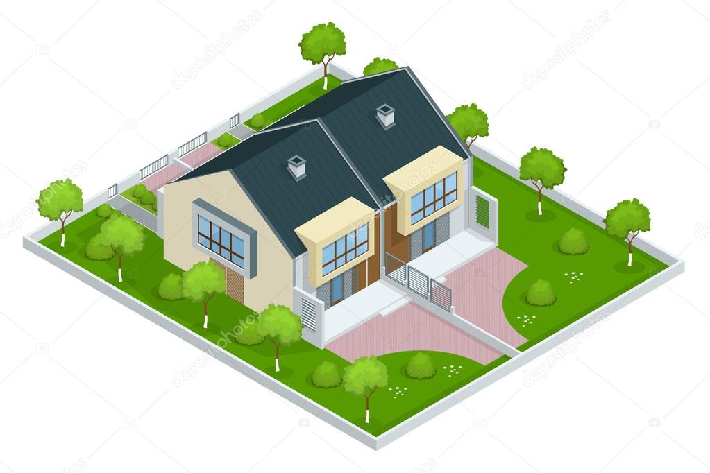 Modern townhouse flat 3d isometric vector illustration. A row of new townhous. Exterior townhouse. Villa view with garden. Townhouse illustration. Townhouse JPG. Townhouse icon. Villa icon