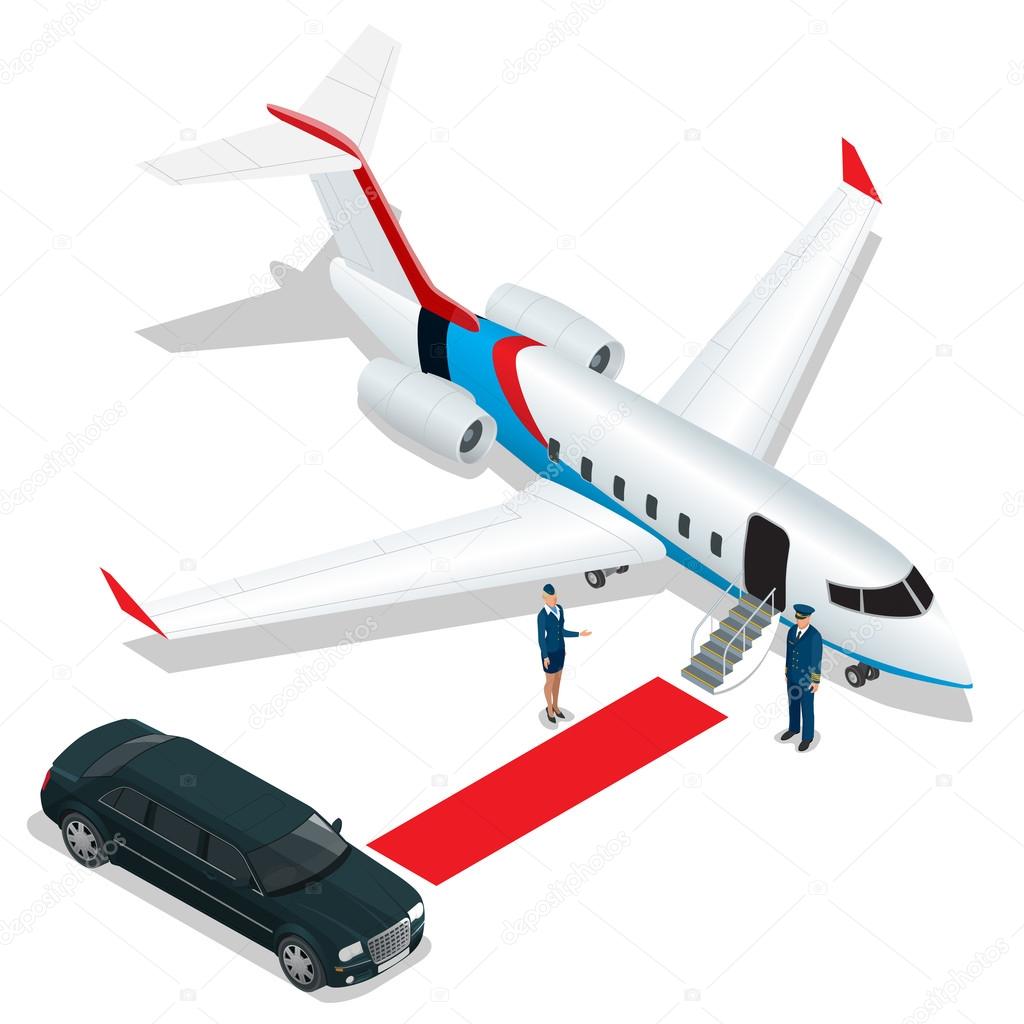 Businessman with luggage walking towards private jet at terminal. Bussines concept stewardess, pilot, limousine, corporate jet. Vector 3d flat isometric illustration. Business airlines.