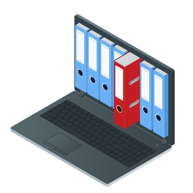 Dizüstü bilgisayarın ekranı içindeki dosya dolapları. Dizüstü bilgisayar ve dosya dolabı. Veri depolama 3d isometrik illüstrasyon. Dosya dolapları kavramı. Dosya dolapları vektörü. Dizüstü bilgisayar isometrik.