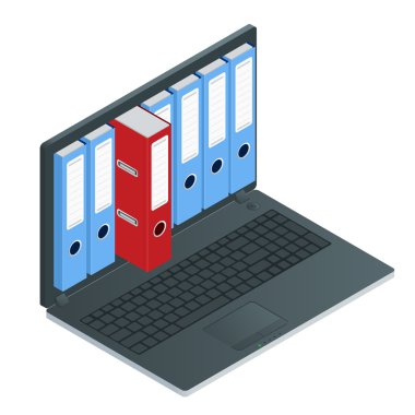 Dizüstü bilgisayarın ekranı içindeki dosya dolapları. Dizüstü bilgisayar ve dosya dolabı. Veri depolama 3d isometrik illüstrasyon. Dosya dolapları kavramı. Dosya dolapları vektörü. Dizüstü bilgisayar isometrik.