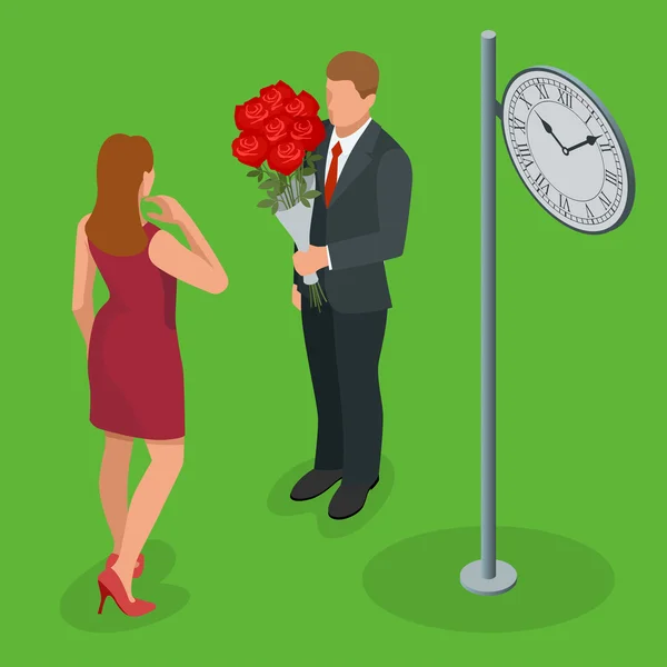 Una pareja romántica enamorada. Ama y celebra el concepto. El hombre le da a una mujer un ramo de rosas. Amantes románticos citas. Ilustración isométrica plana vectorial 3d — Archivo Imágenes Vectoriales