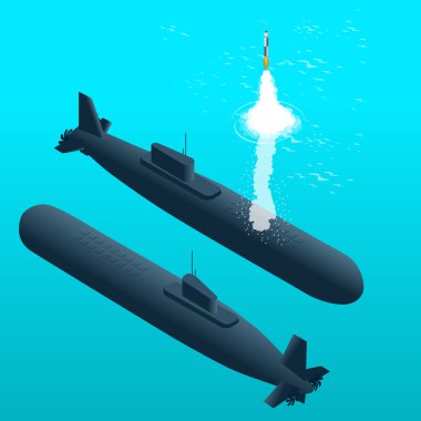 Nükleer denizaltı su altında seyahat ediyor. Nükleer denizaltılar. Infografik için düz 3d izometrik vektör illüstrasyon.