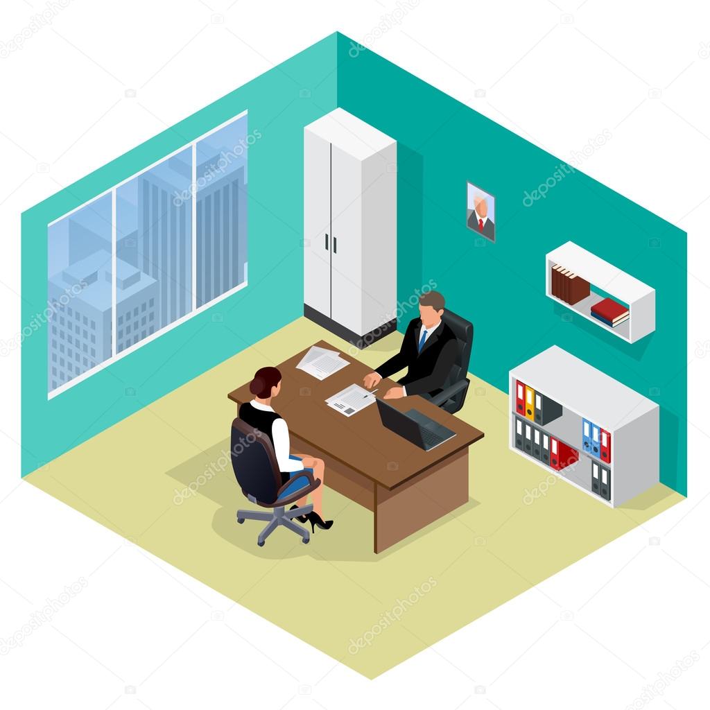Job interview. Job applicants. Concept of hiring worker. Candidate and recruitment, hire and interviewer, decision and examination. Flat 3d isometric illustration. Meeting isometric.