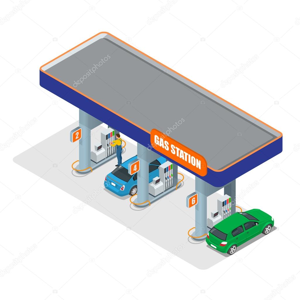 Gas station 3d isometric. Gas station concept. Gas station flat vector