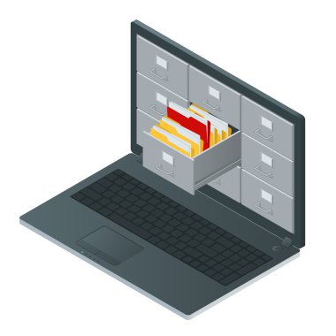 Dizüstü bilgisayarın ekranı içindeki dosya dolapları. Dizüstü bilgisayar ve dosya dolabı. Veri depolama 3d isometrik illüstrasyon. Dosya dolapları kavramı. Dosya dolapları vektörü. Dizüstü bilgisayar isometrik.