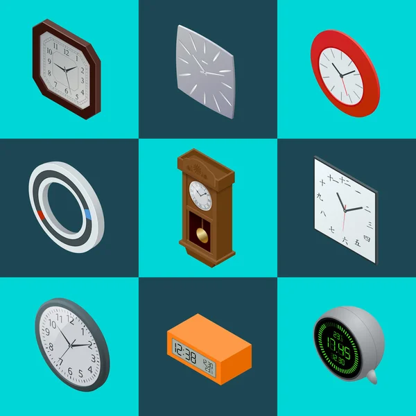 Set of elegant clocks. Pendulum clock, modern clock, Digital clock. clock Flat 3d Vector illustration. — Stock Vector