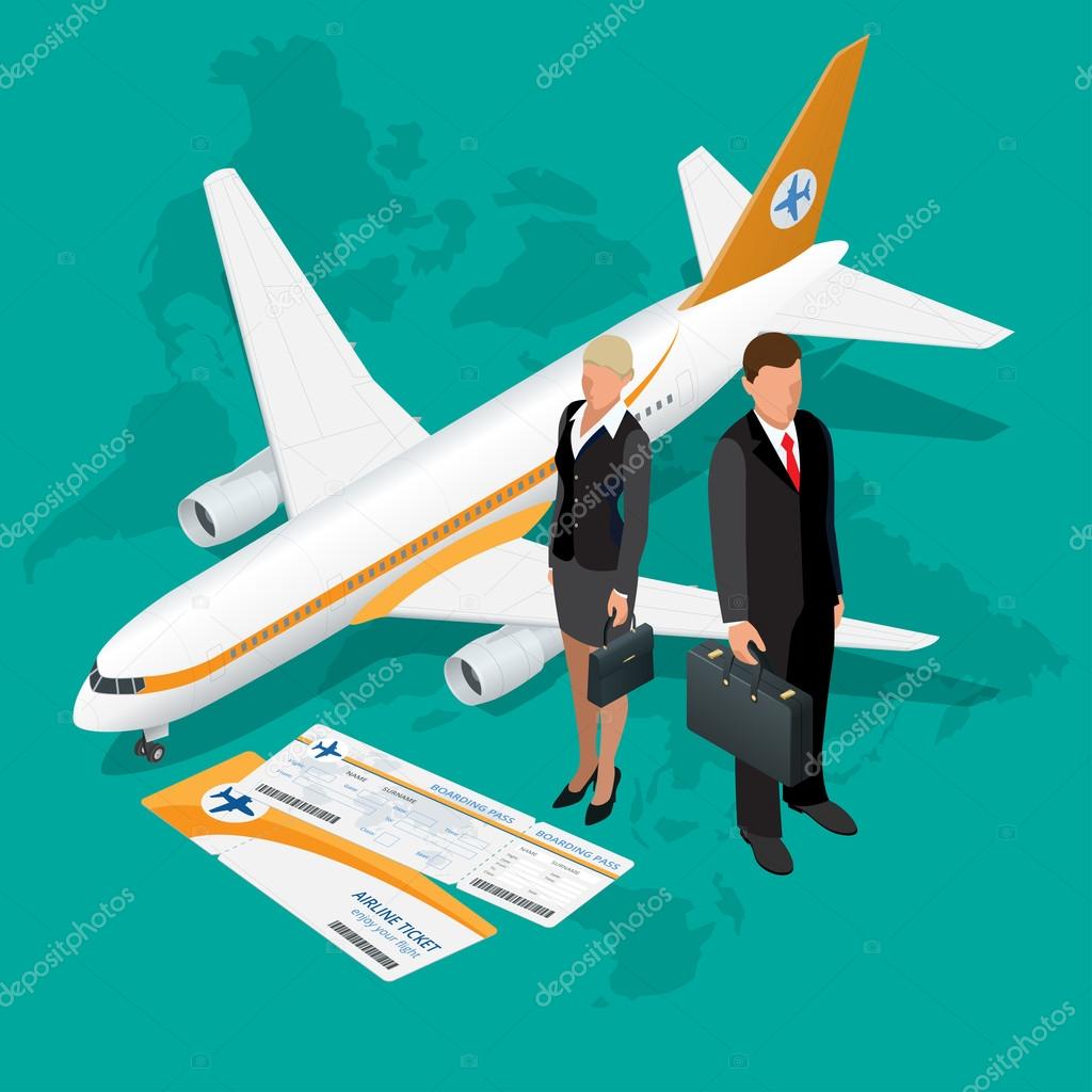Business travel isometric composition. Travel and tourism background. Flat 3d Vector illustration. Travel banner design. Travel flyer design. World travel banner background. Business travel concept.