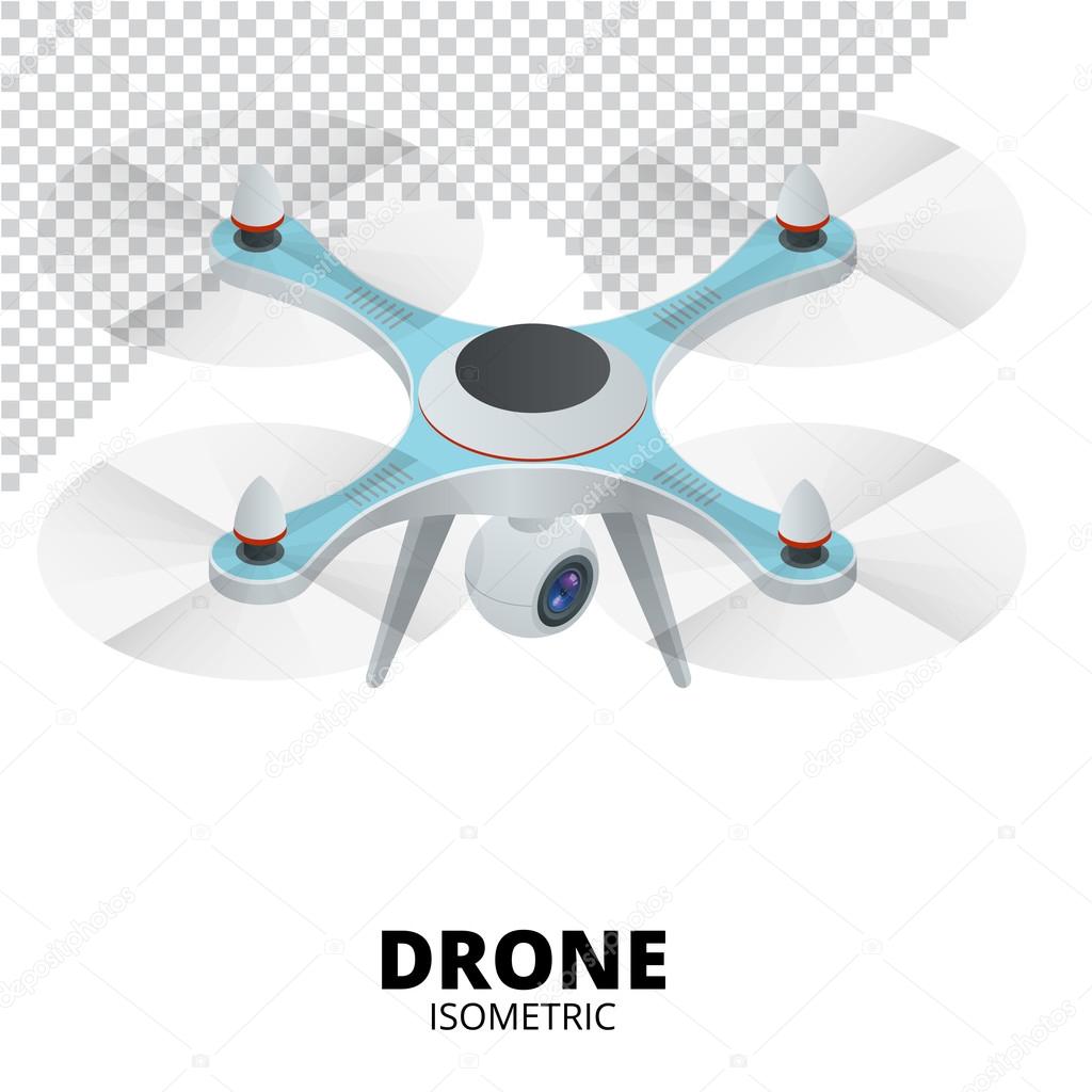 Drone isometric. Drone EPS. Drone quadrocopter 3d isometric illustration. Drone with action camera icon. Drone logo